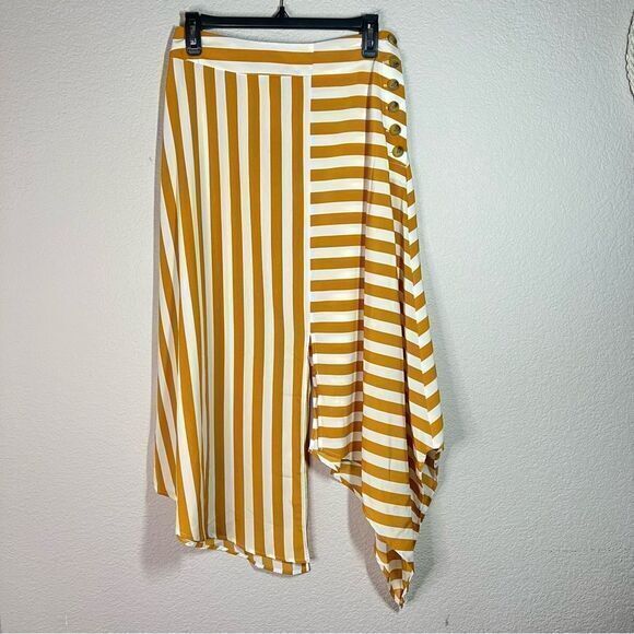 Topshop Dresses & Skirts - Topshop Yellow White Stripe Button Side‎ Handkerchief Midi Skirt Women's Size 4
